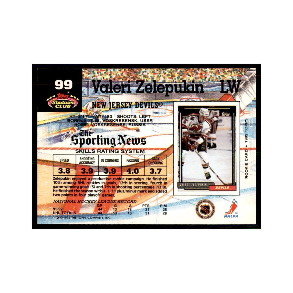 1992 Stadium Club Valeri Zelepukin Hockey Cards #99