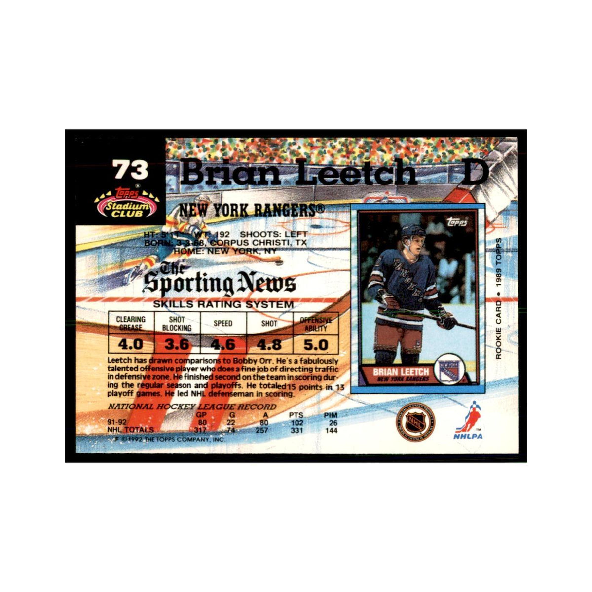 1992 Stadium Club Brian Leetch Hockey Cards #73