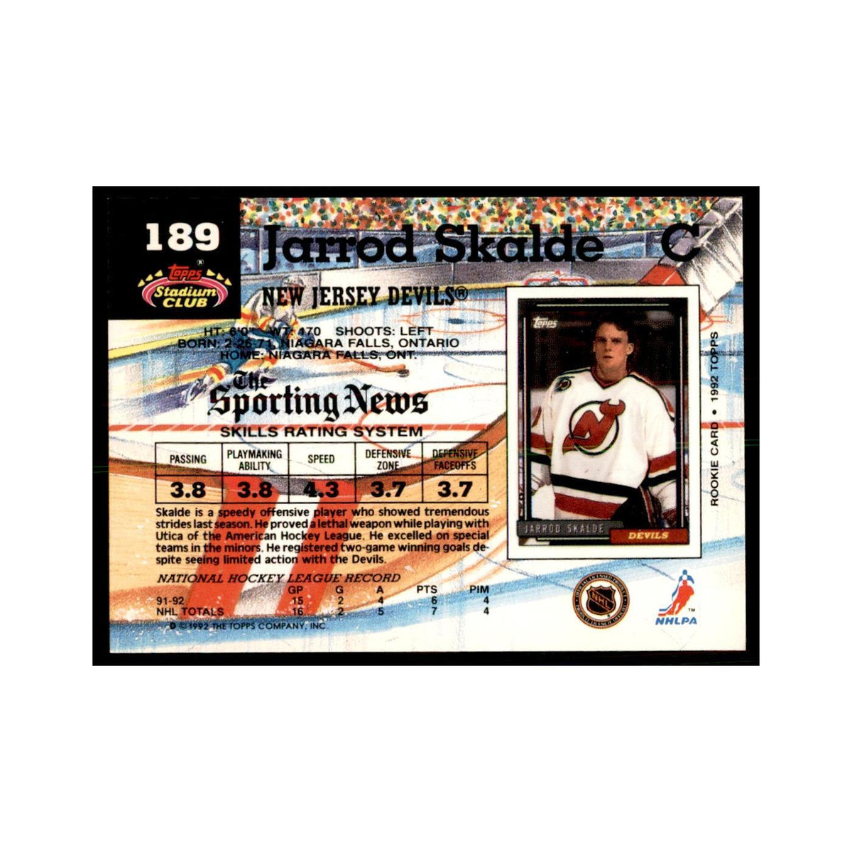 1992 Stadium Club Jarrod Skalde Hockey Cards #189