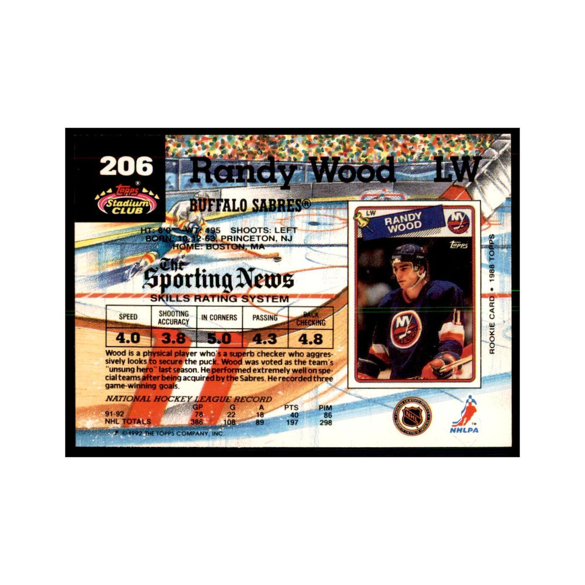 1992 Stadium Club Randy Wood Hockey Cards #206