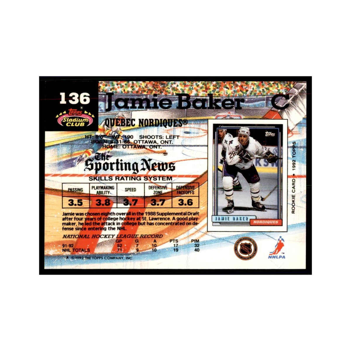 1992 Stadium Club Jamie Baker Hockey Cards #136