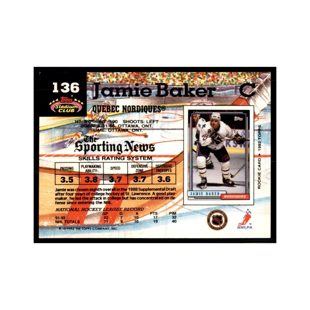 1992 Stadium Club Jamie Baker Hockey Cards #136