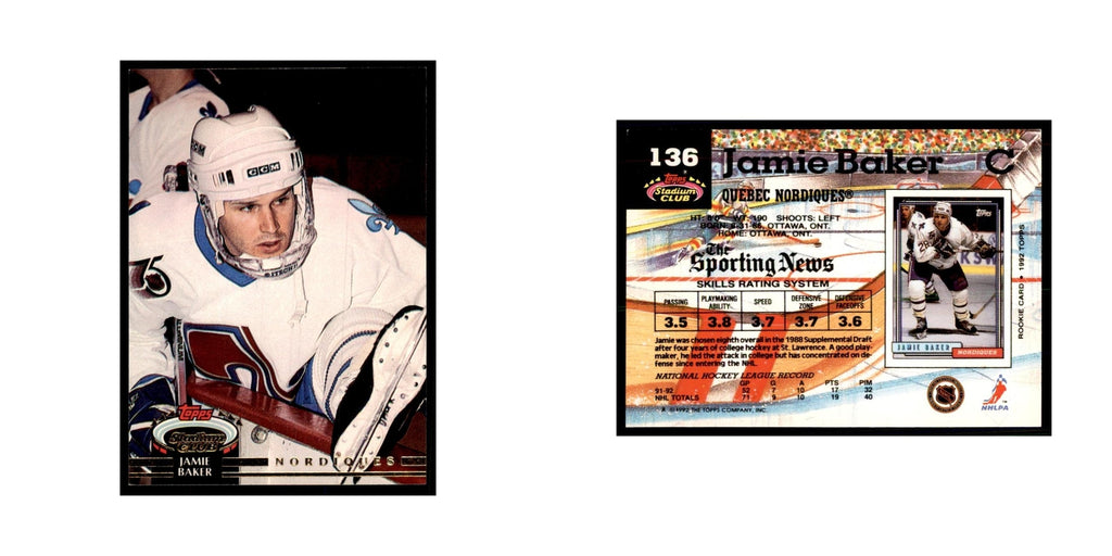 1992 Stadium Club Jamie Baker Hockey Cards #136
