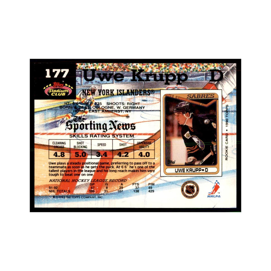 1992 Stadium Club Uwe Krupp Hockey Cards #177