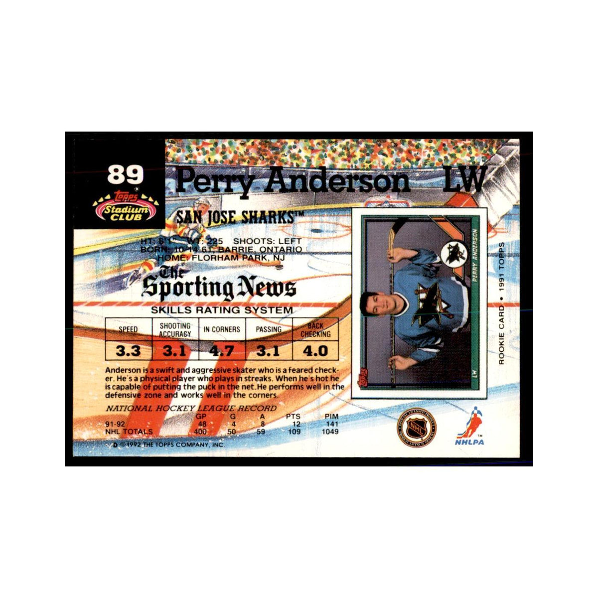 1992 Stadium Club Perry Anderson Hockey Cards #89