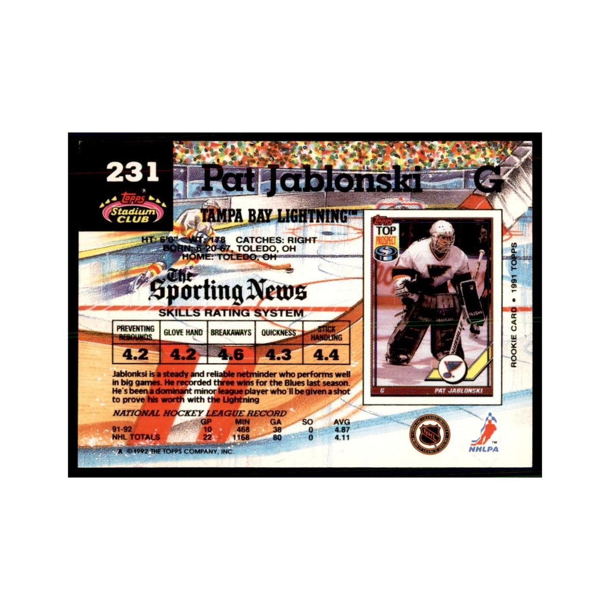 1992 Stadium Club Pat Jablonski Hockey Cards #231