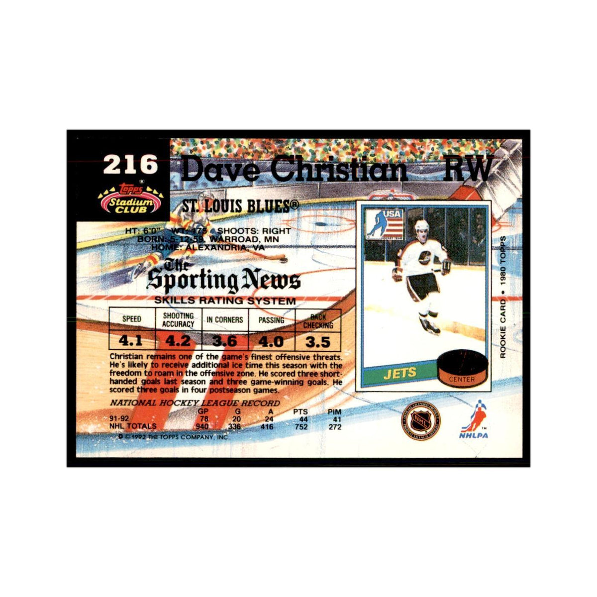 1992 Stadium Club Dave Christian Hockey Cards #216