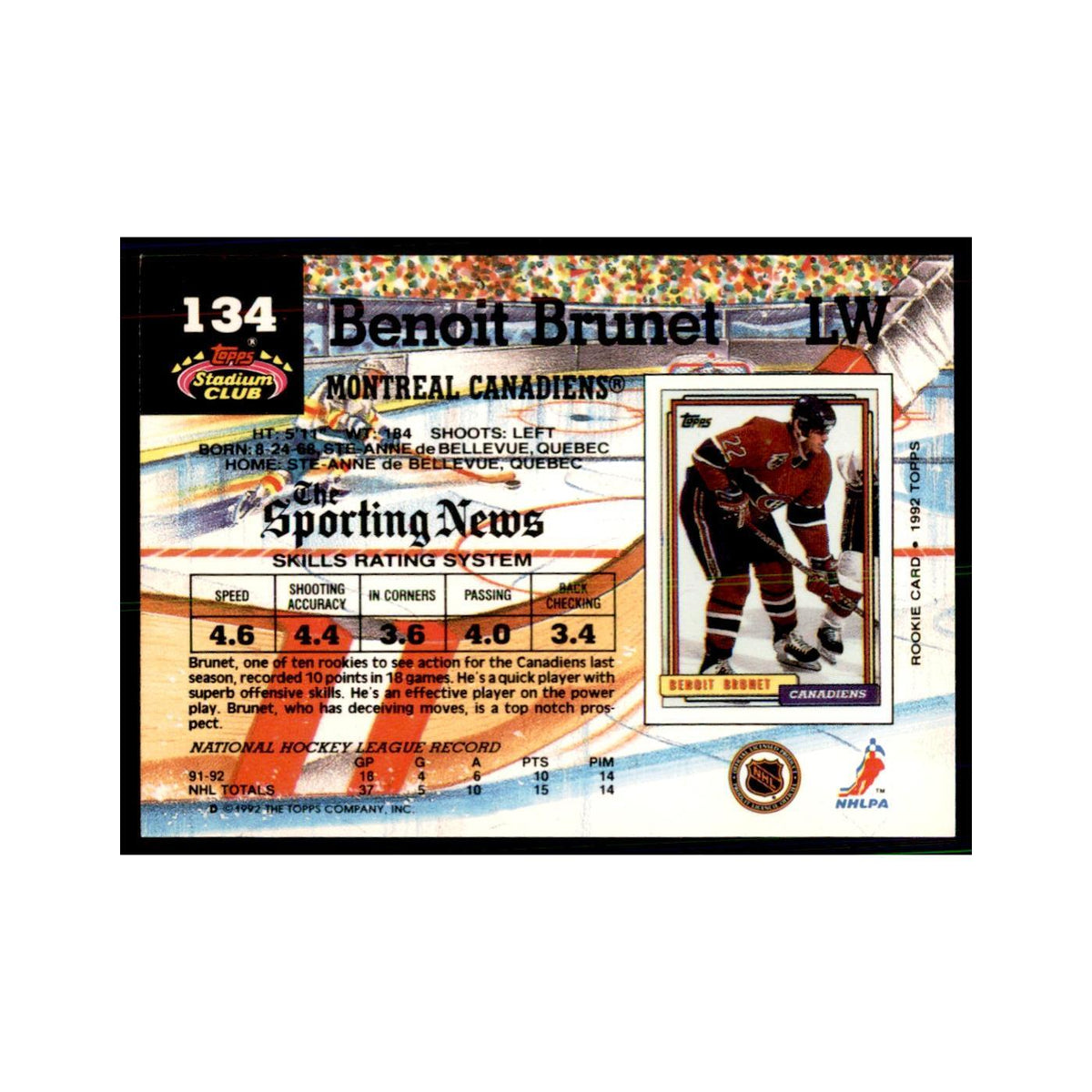 1992 Stadium Club Benoit Brunet Hockey Cards #134