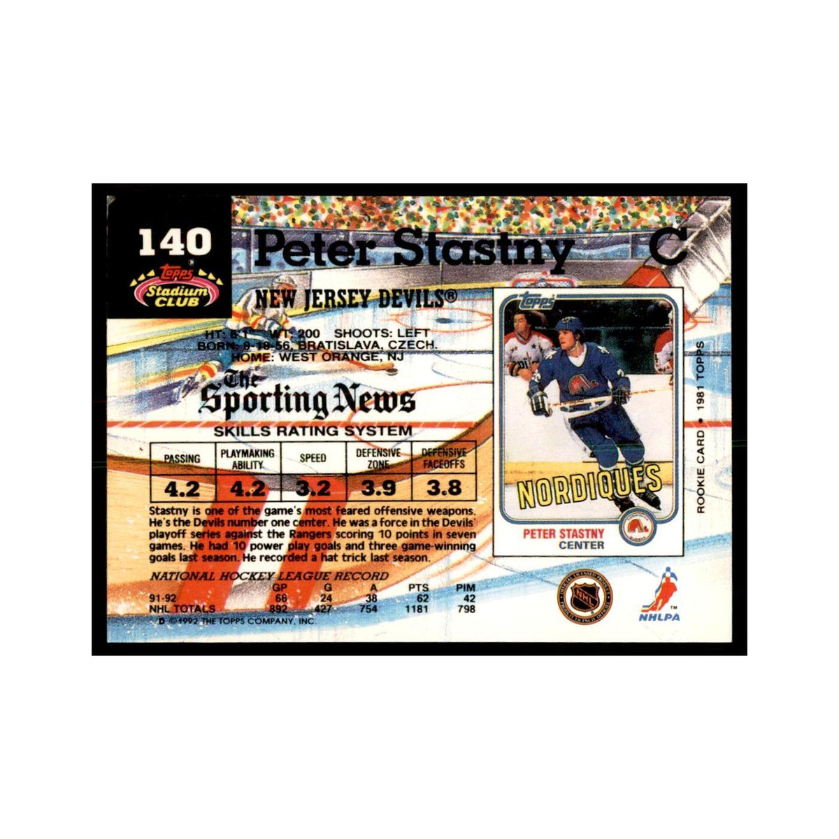 1992 Stadium Club Peter Stastny Hockey Cards #140