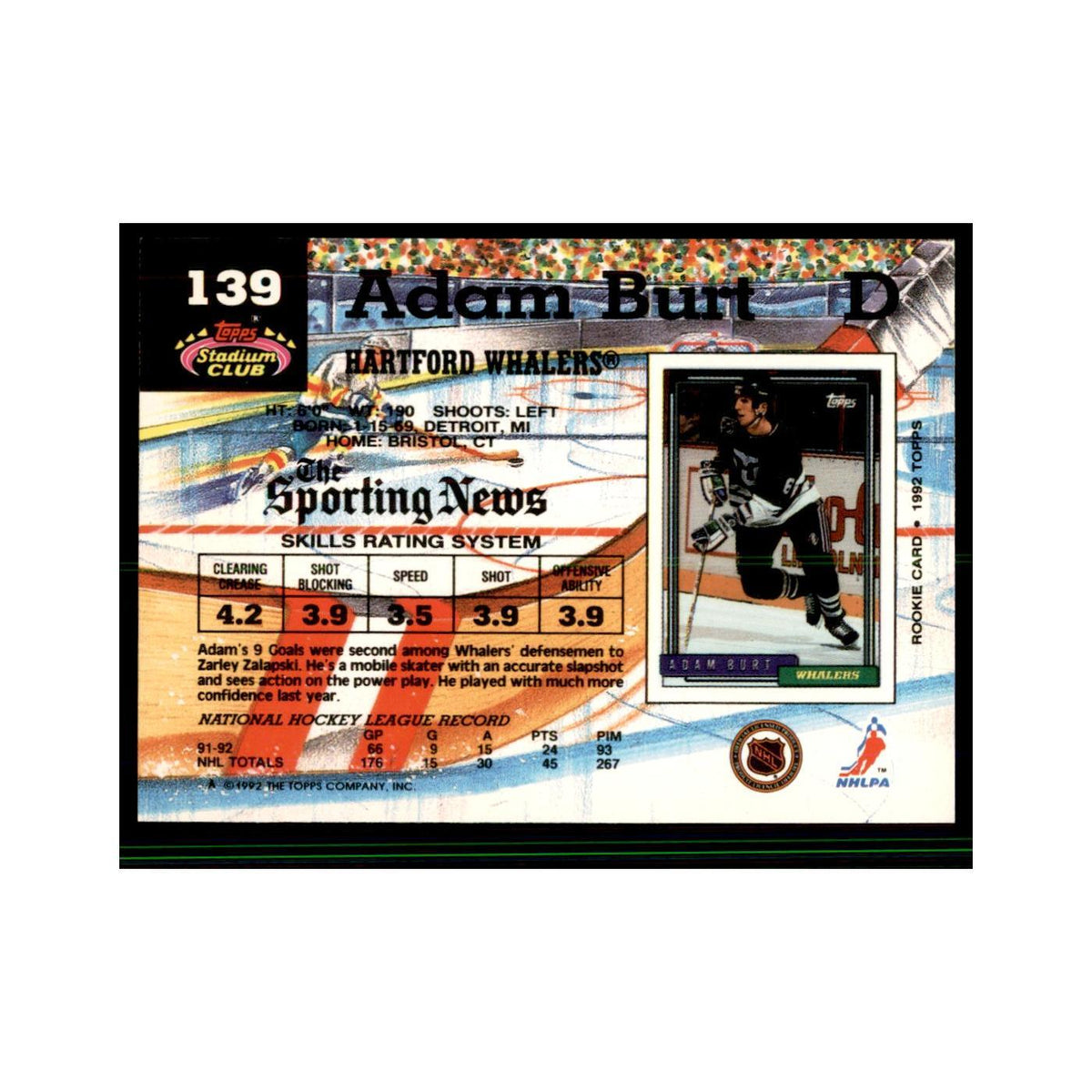 1992 Stadium Club Adam Burt Hockey Cards #139