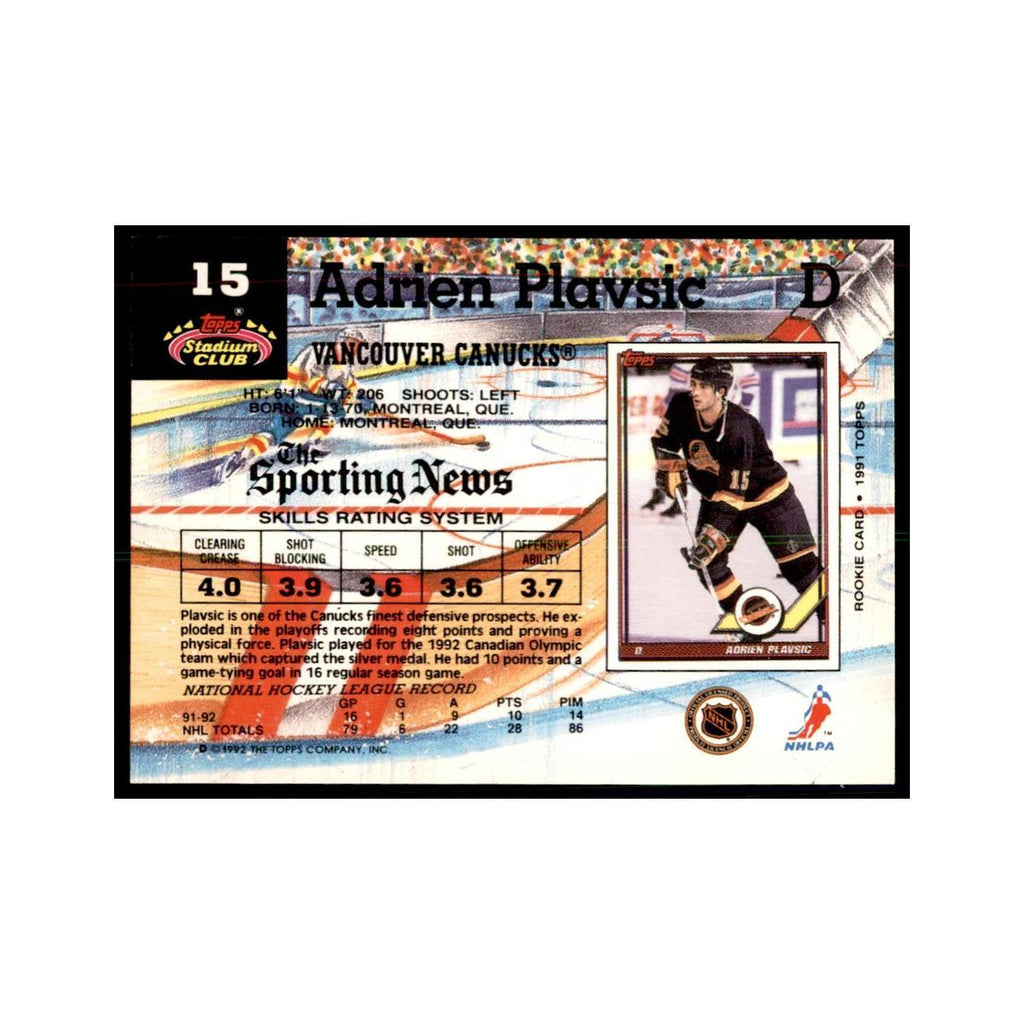 1992 Stadium Club Adrien Plavsic Hockey Cards #15