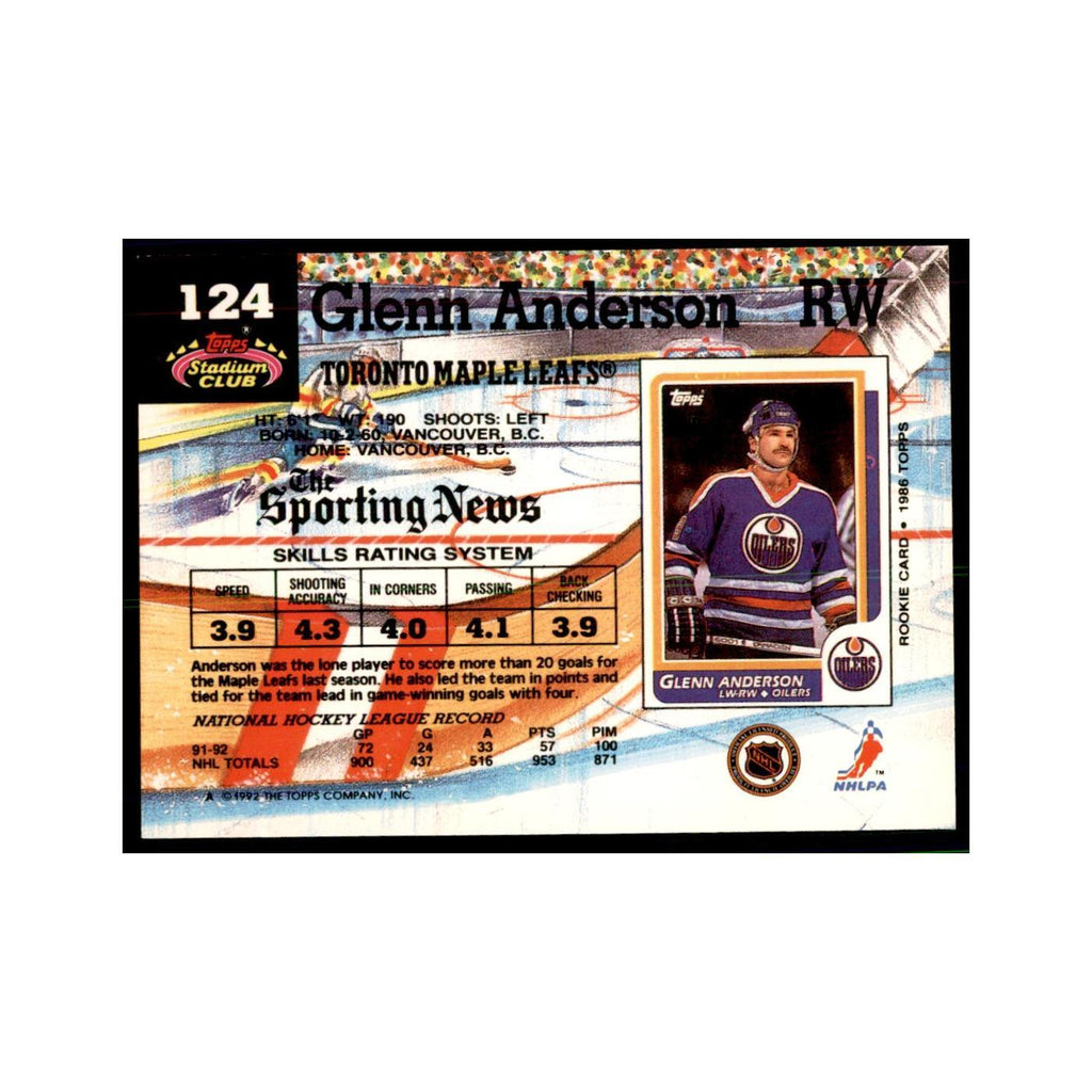 1992 Stadium Club Glenn Anderson Hockey Cards #124