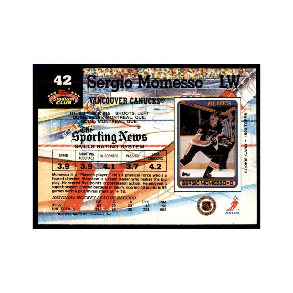 1992 Stadium Club Sergio Momesso Hockey Cards #42