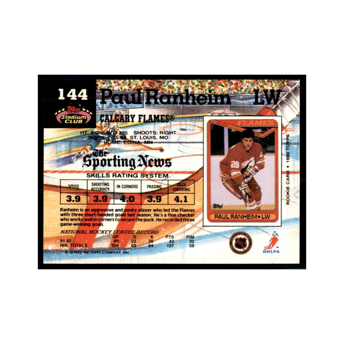 1992 Stadium Club Paul Ranheim Hockey Cards #144