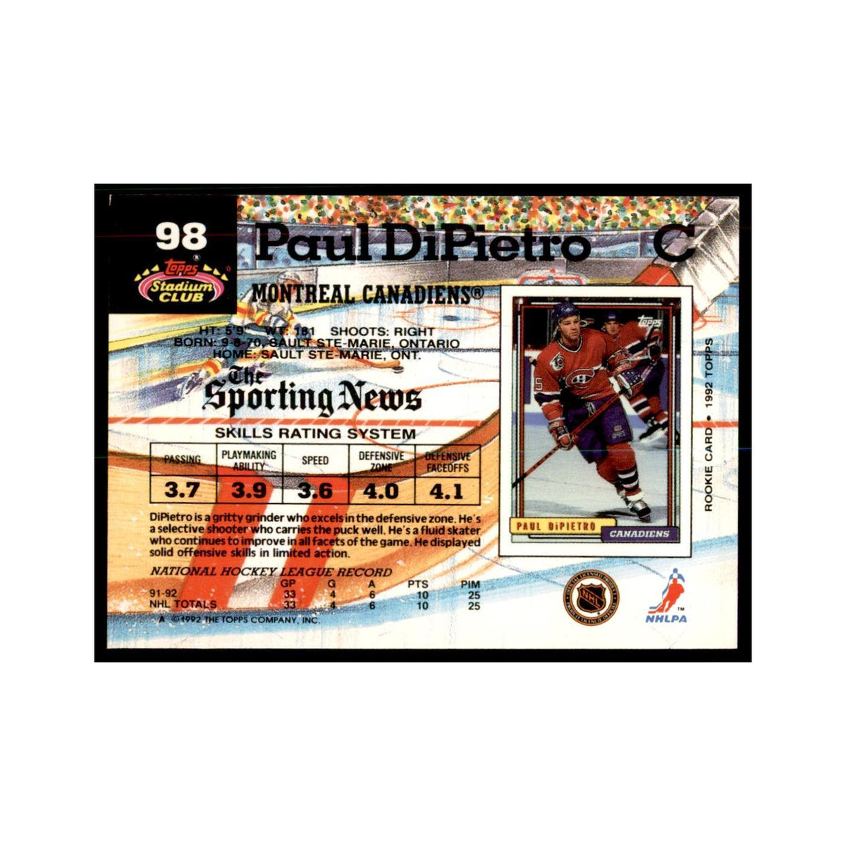 1992 Stadium Club Paul DiPietro Hockey Cards #98