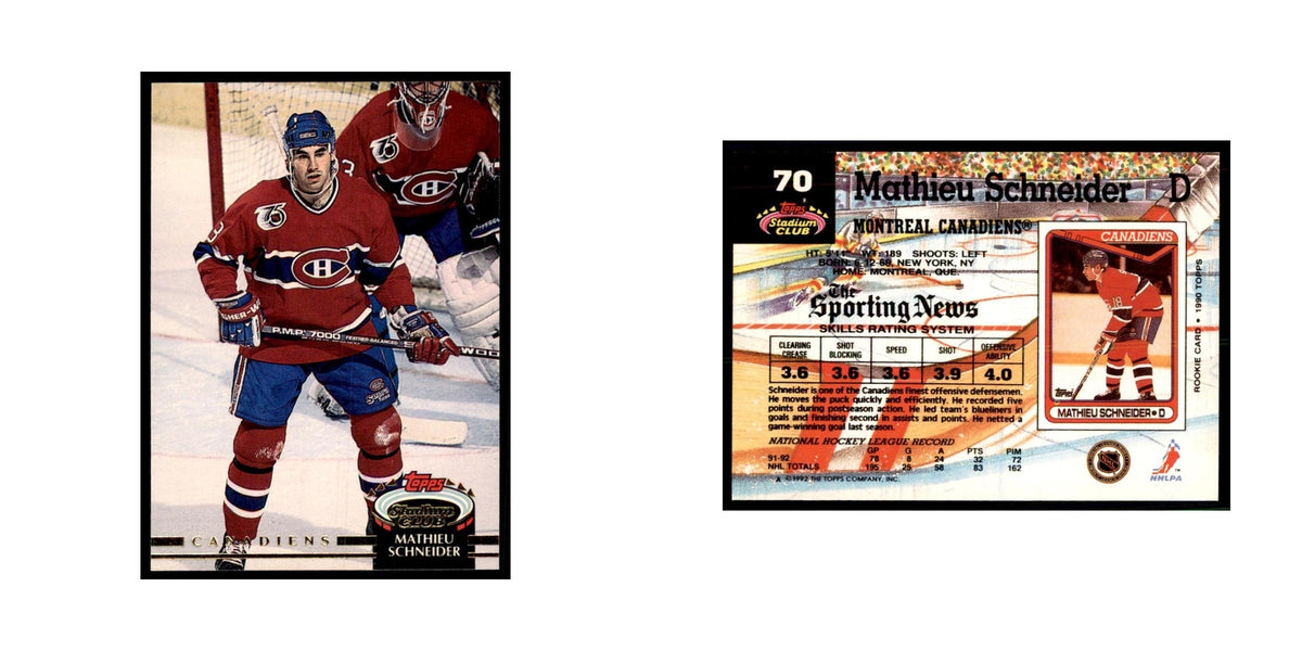 1992 Stadium Club Mathieu Schneider Hockey Cards #70