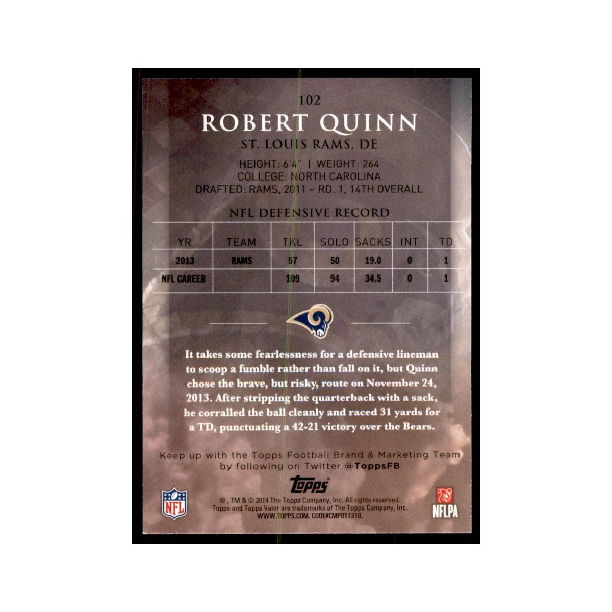 2014 Topps Valor Robert Quinn Football Cards #102