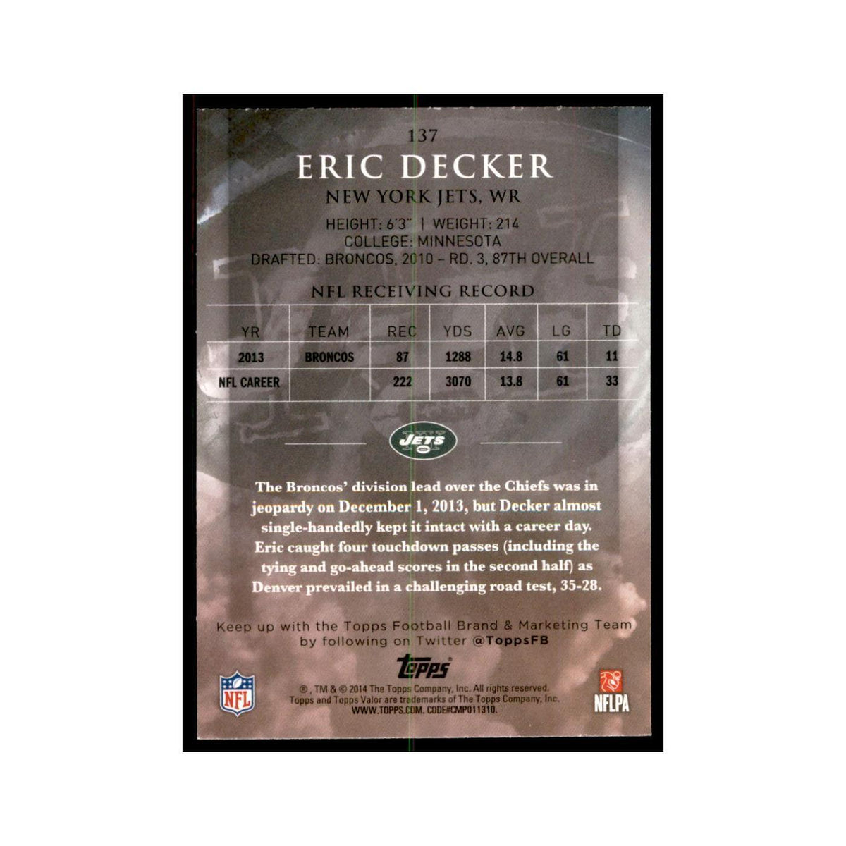 2014 Topps Valor Eric Decker Football Cards #137