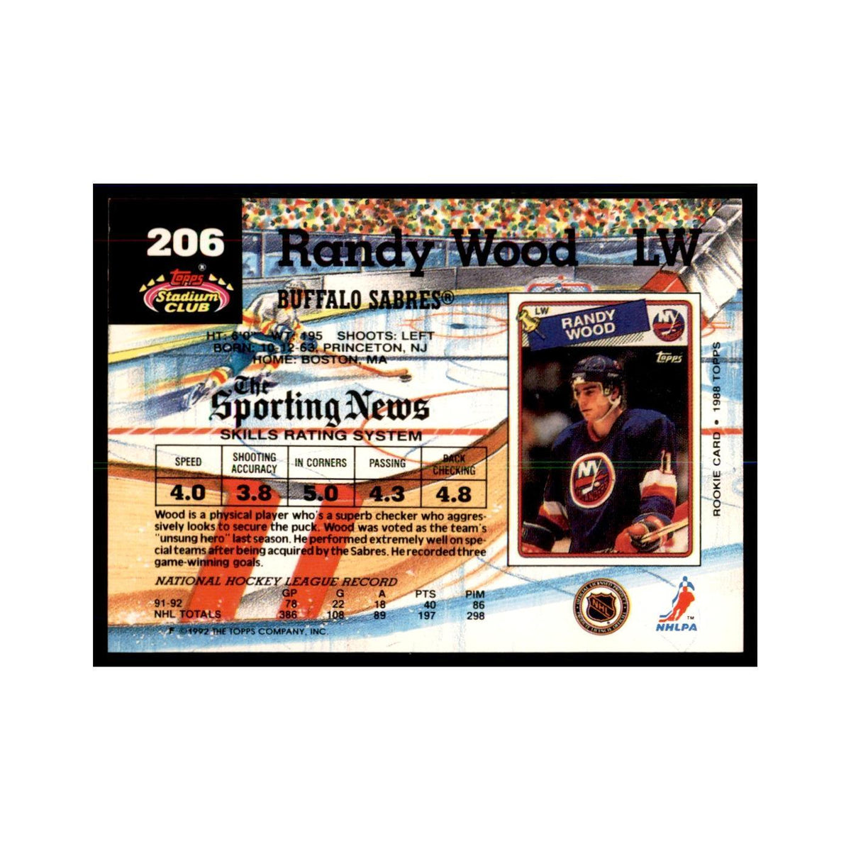 1992 Stadium Club Randy Wood Hockery Cards #206