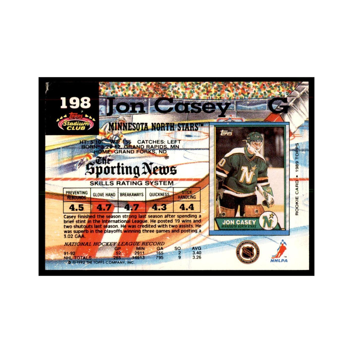 1992 Stadium Club Jon Casey Hockery Cards #198