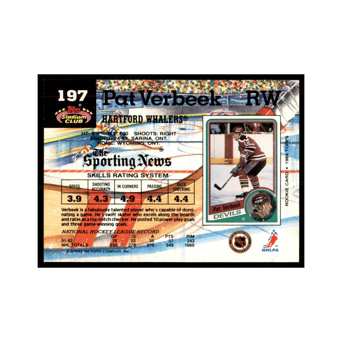 1992 Stadium Club Pat Verbeek Hockery Cards #197