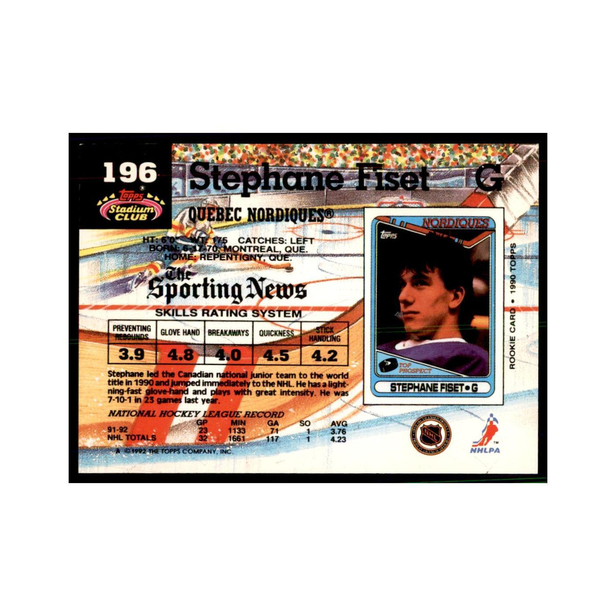 1992 Stadium Club Stephane Fiset Hockery Cards #196