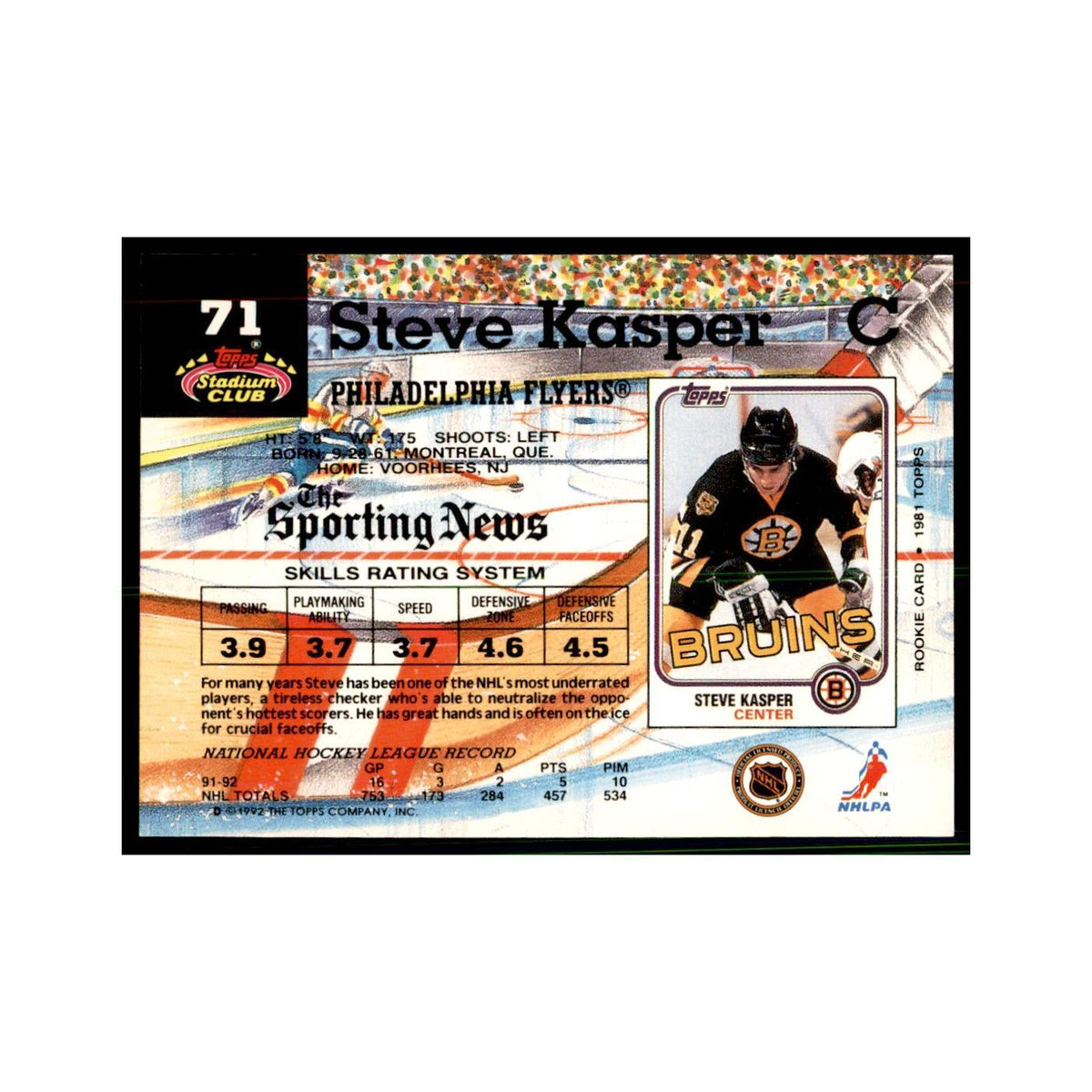 1992 Stadium Club Steve Kasper Hockery Cards #71