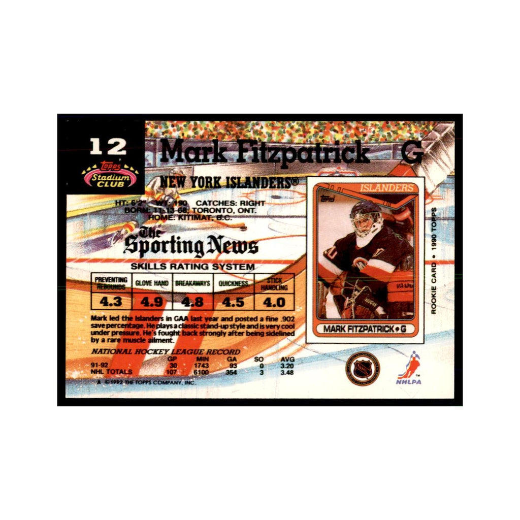 1992 Stadium Club Mark Fitzpatrick Hockery Cards #12