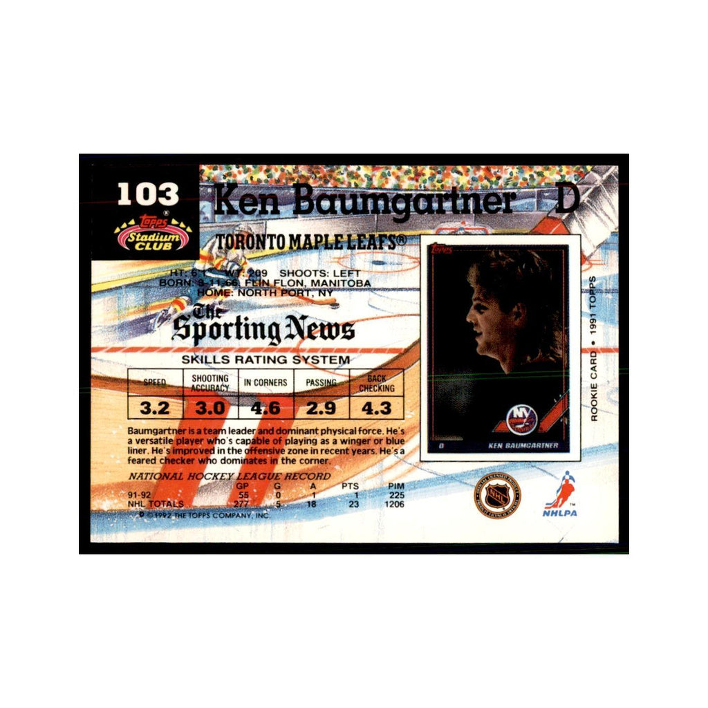 1992 Stadium Club Ken Baumgartner Hockery Cards #103