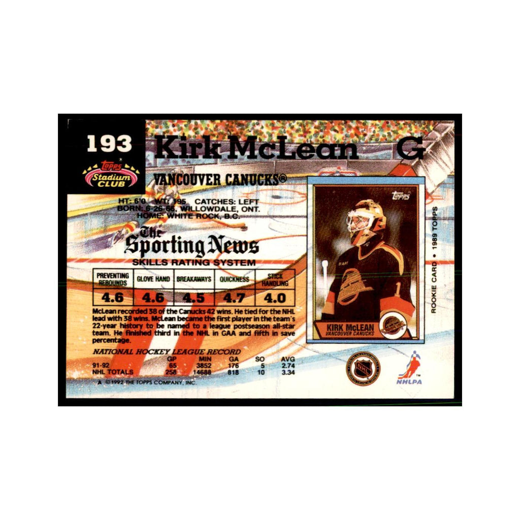 1992 Stadium Club Kirk McLean Hockery Cards #193