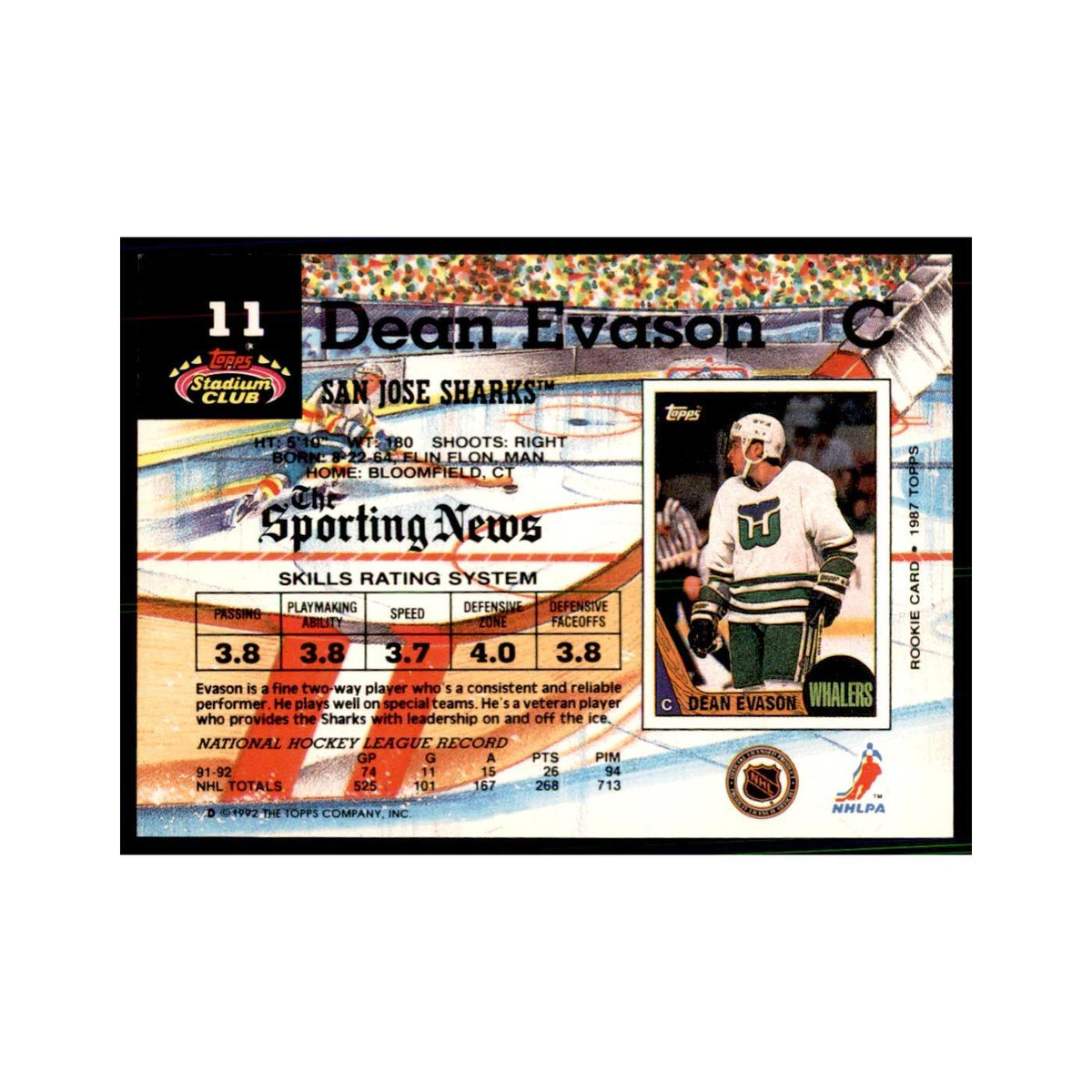 1992 Stadium Club Dean Evason Hockery Cards #11