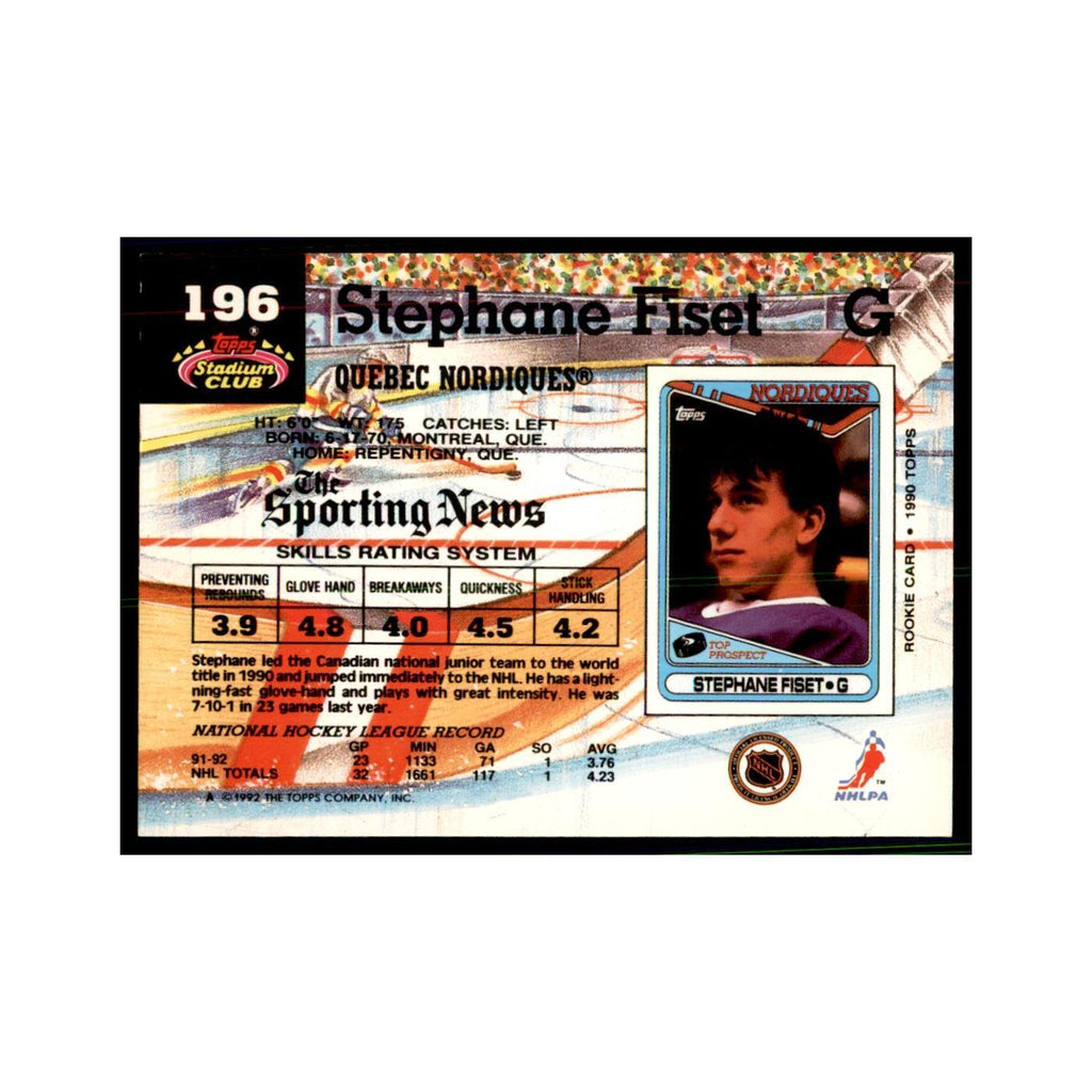 1992 Stadium Club Stephane Fiset Hockery Cards #196