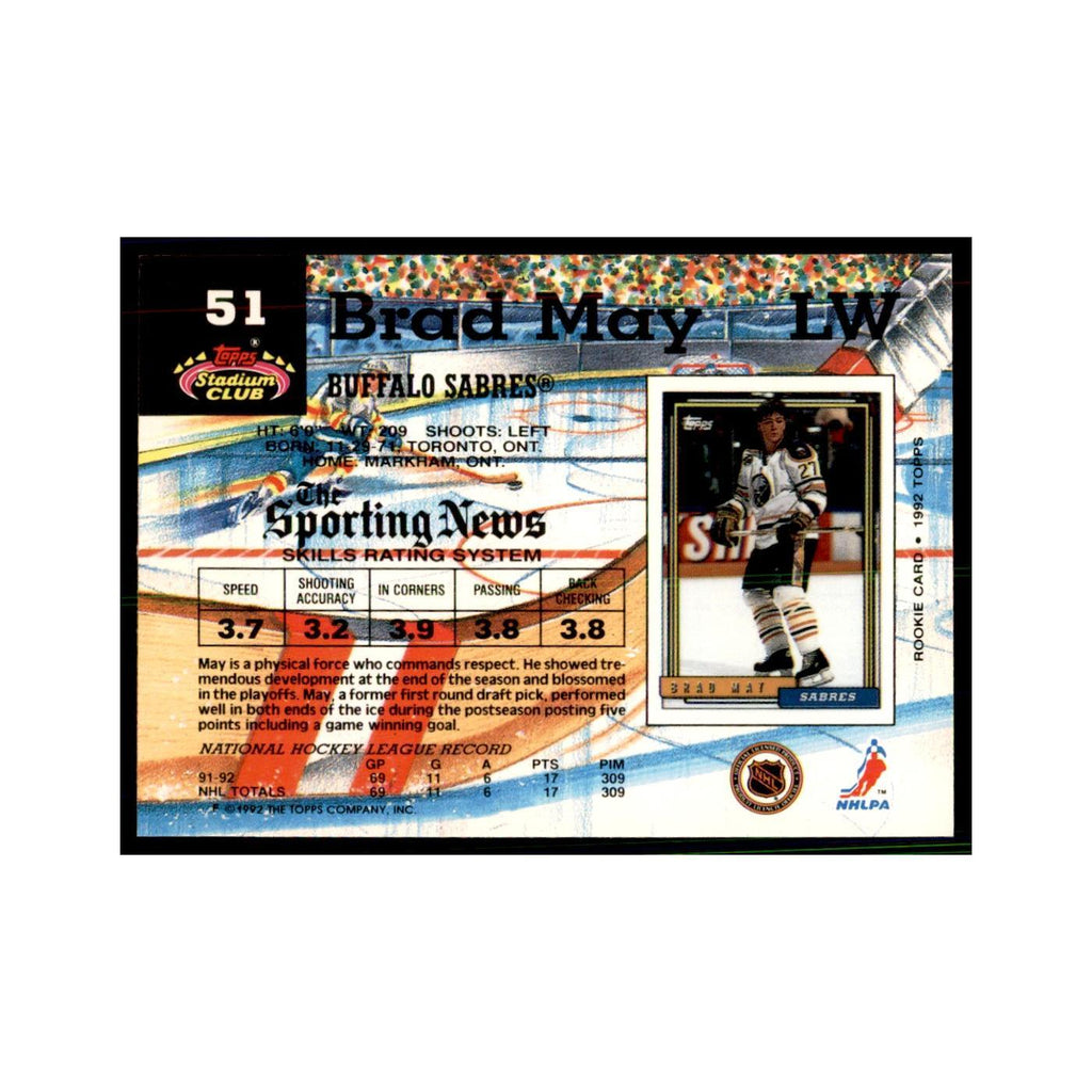 1992 Stadium Club Brad May Hockery Cards #51