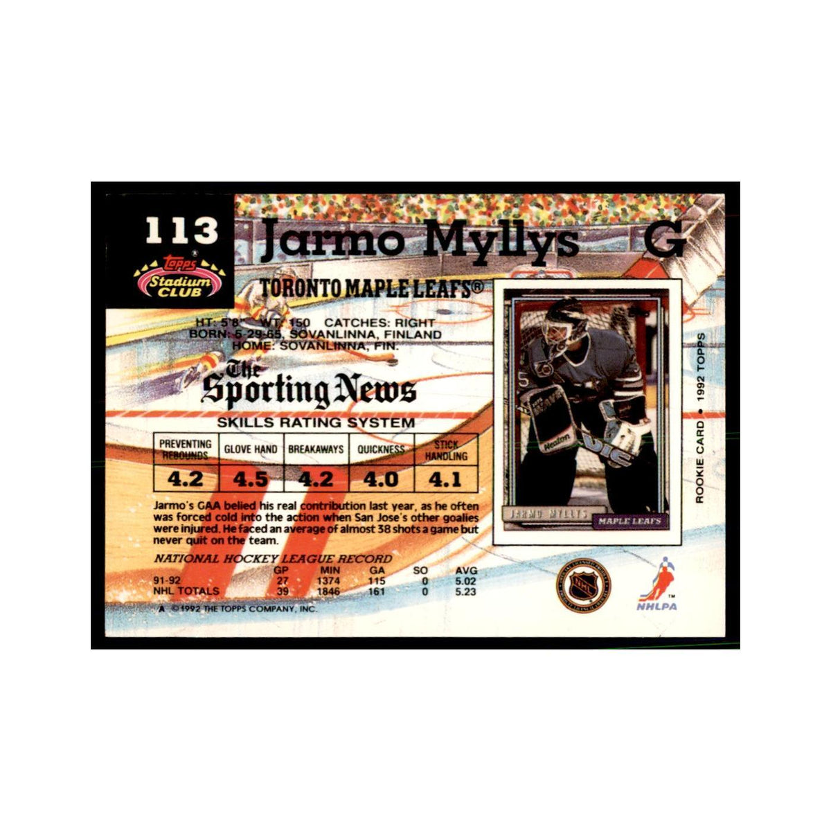 1992 Stadium Club Jarmo Myllys Hockery Cards #113