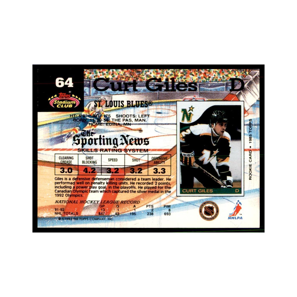 1992 Stadium Club Curt Giles Hockery Cards #64
