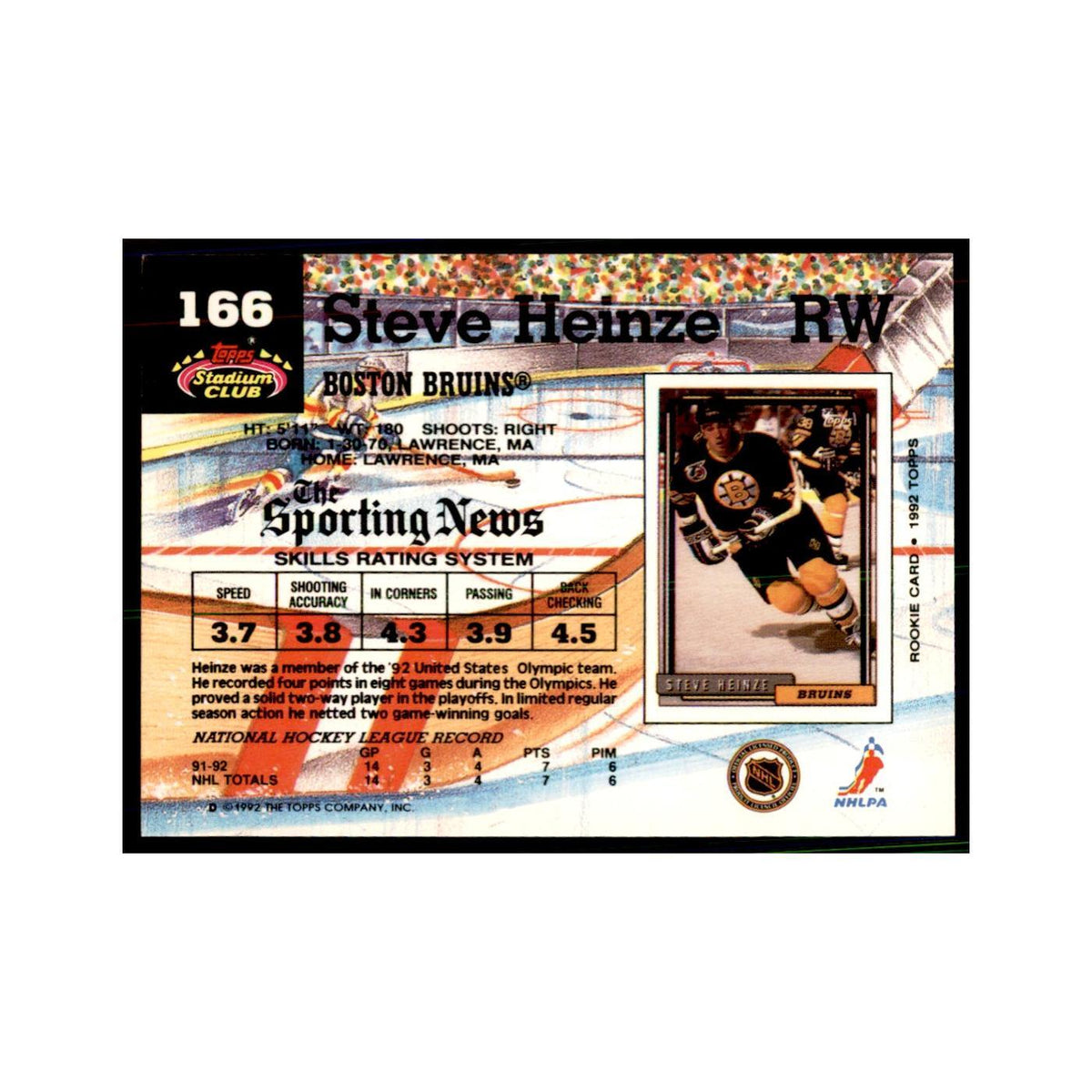 1992 Stadium Club Steve Heinze Hockery Cards #166