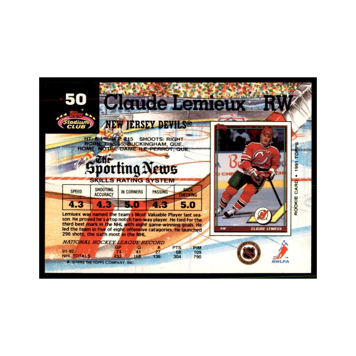1992 Stadium Club Claude Lemieux Hockery Cards #50