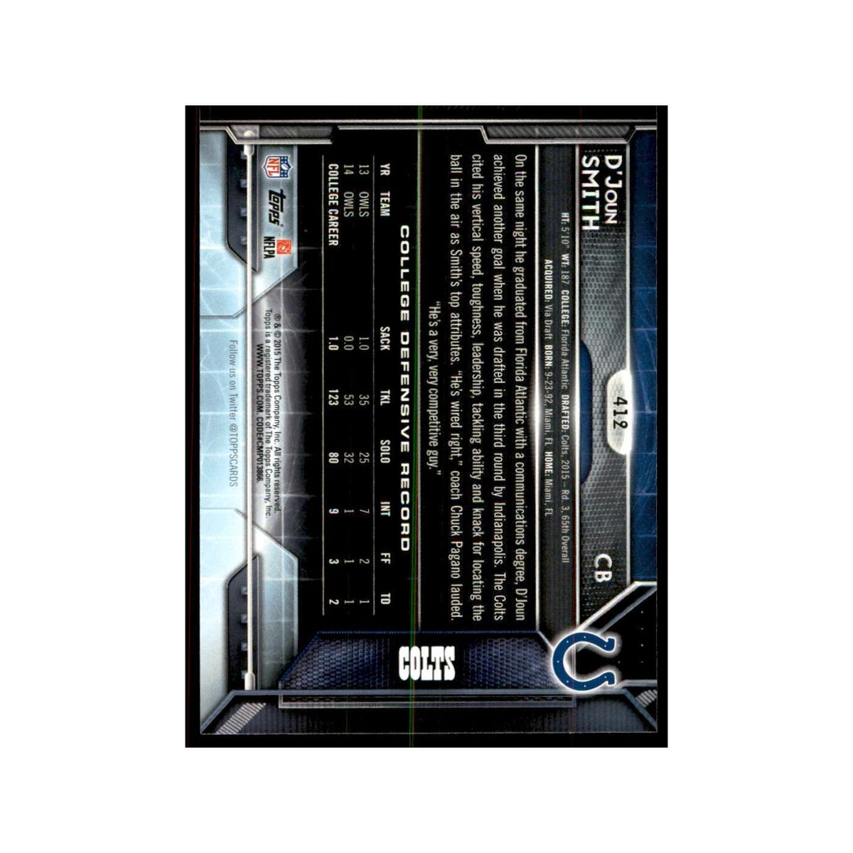 2015 Topps D'Joun Smith RC Football Cards #412