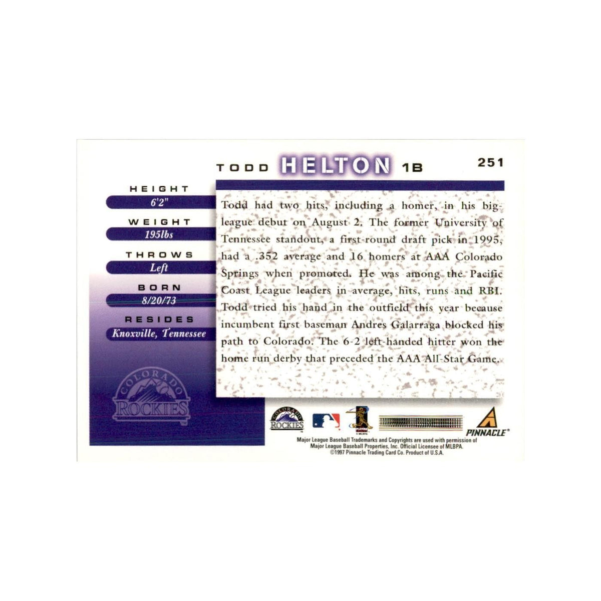 1998 Score Todd Helton RC Baseball Cards #251