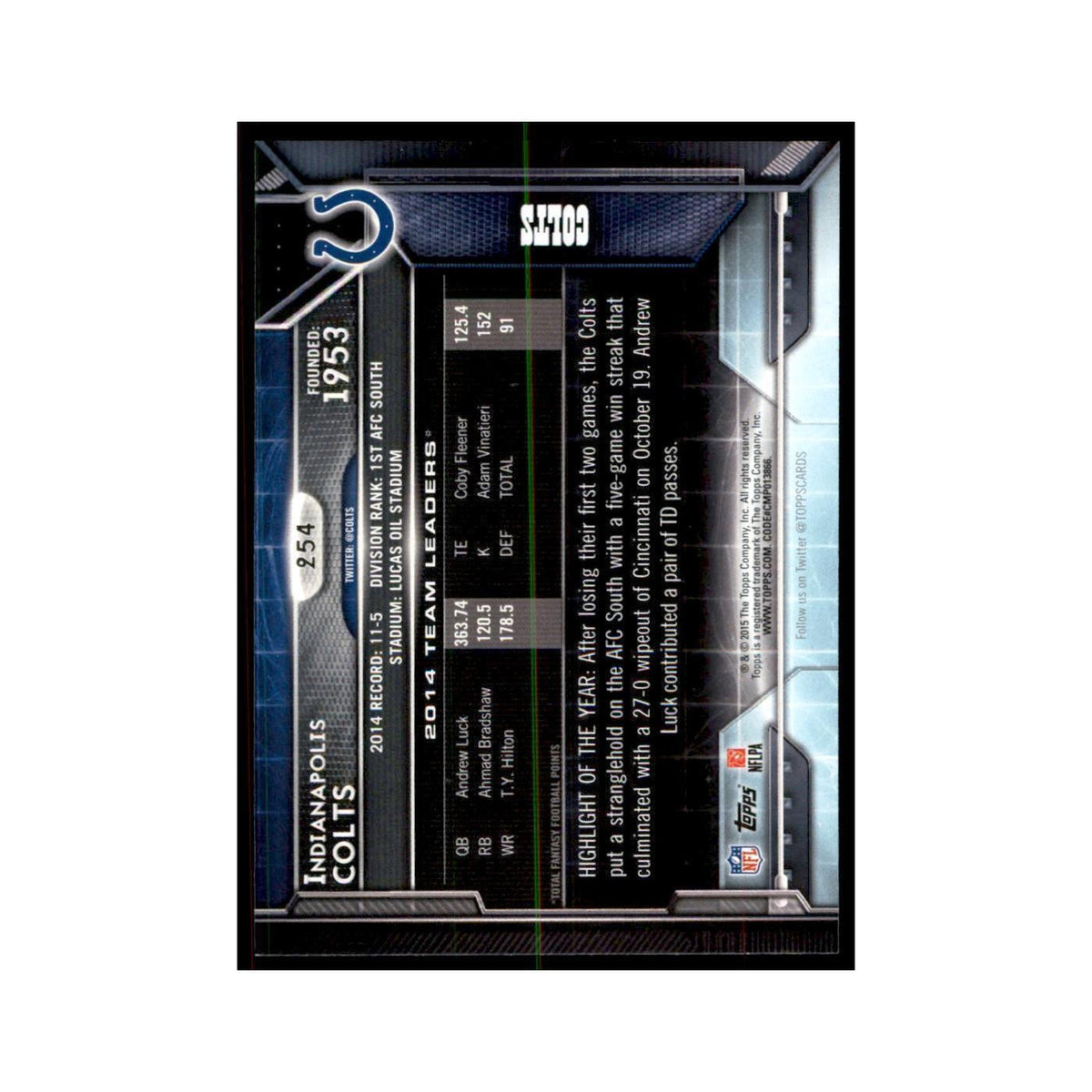 2015 Topps Indianapolis Colts Football Cards #254