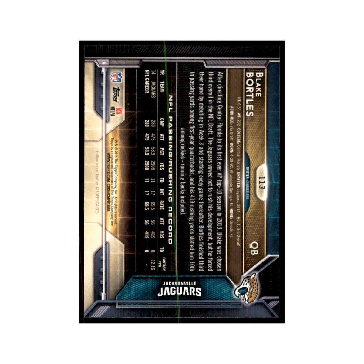 2015 Topps Blake Bortles Football Cards #113