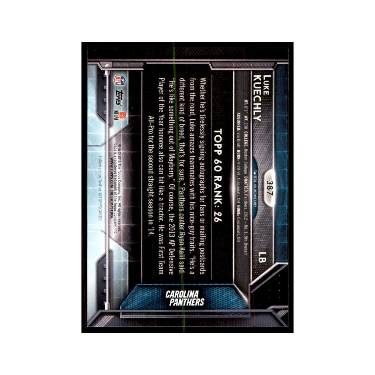 2015 Topps Luke Kuechly Football Cards #387