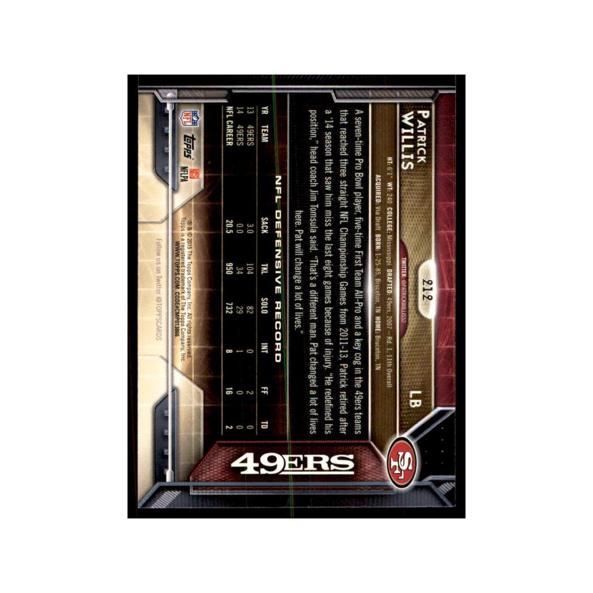 2015 Topps Patrick Willis Football Cards #212