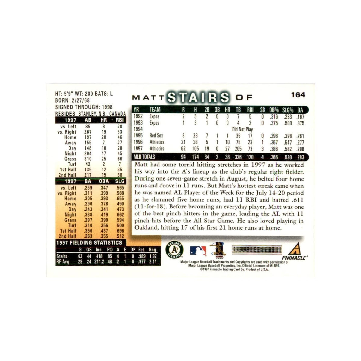 1998 Score Matt Stairs Baseball Cards #164