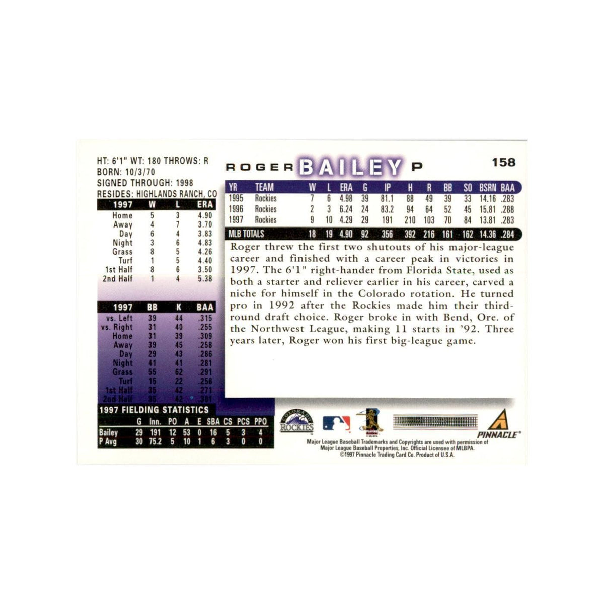 1998 Score Roger Bailey Baseball Cards #158
