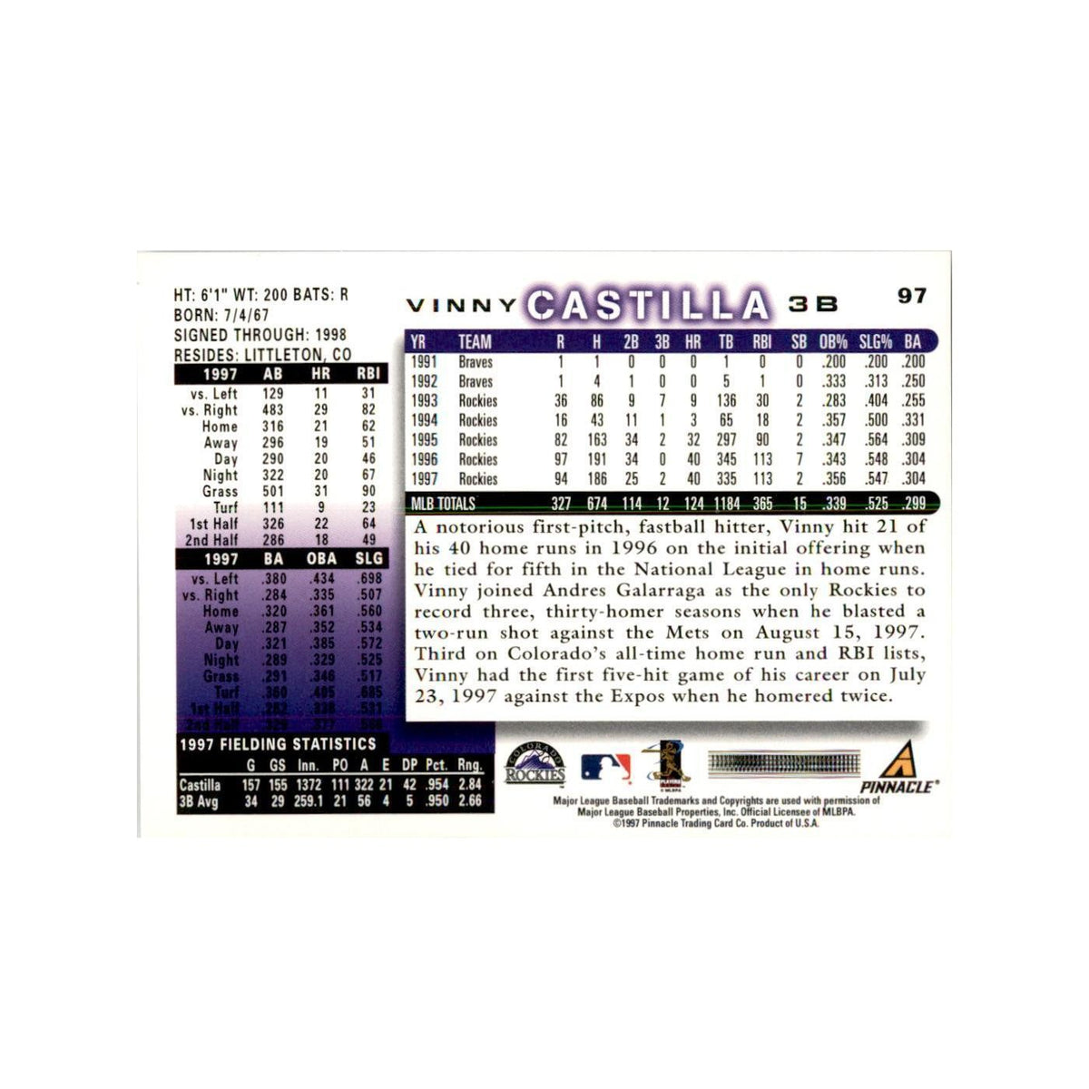 1998 Score Vinny Castilla Baseball Cards #97