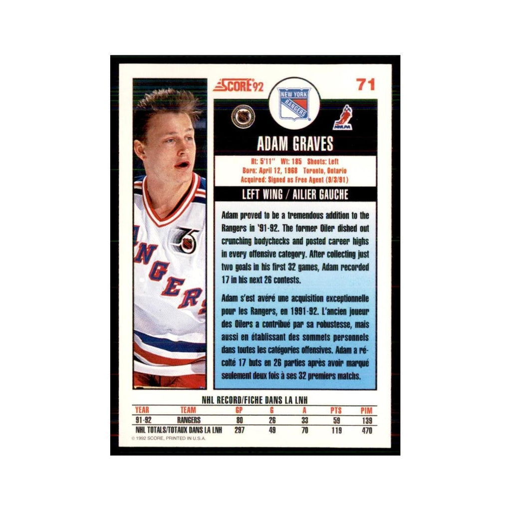 1992 Score Canadian Adam Graves New York Rangers #71