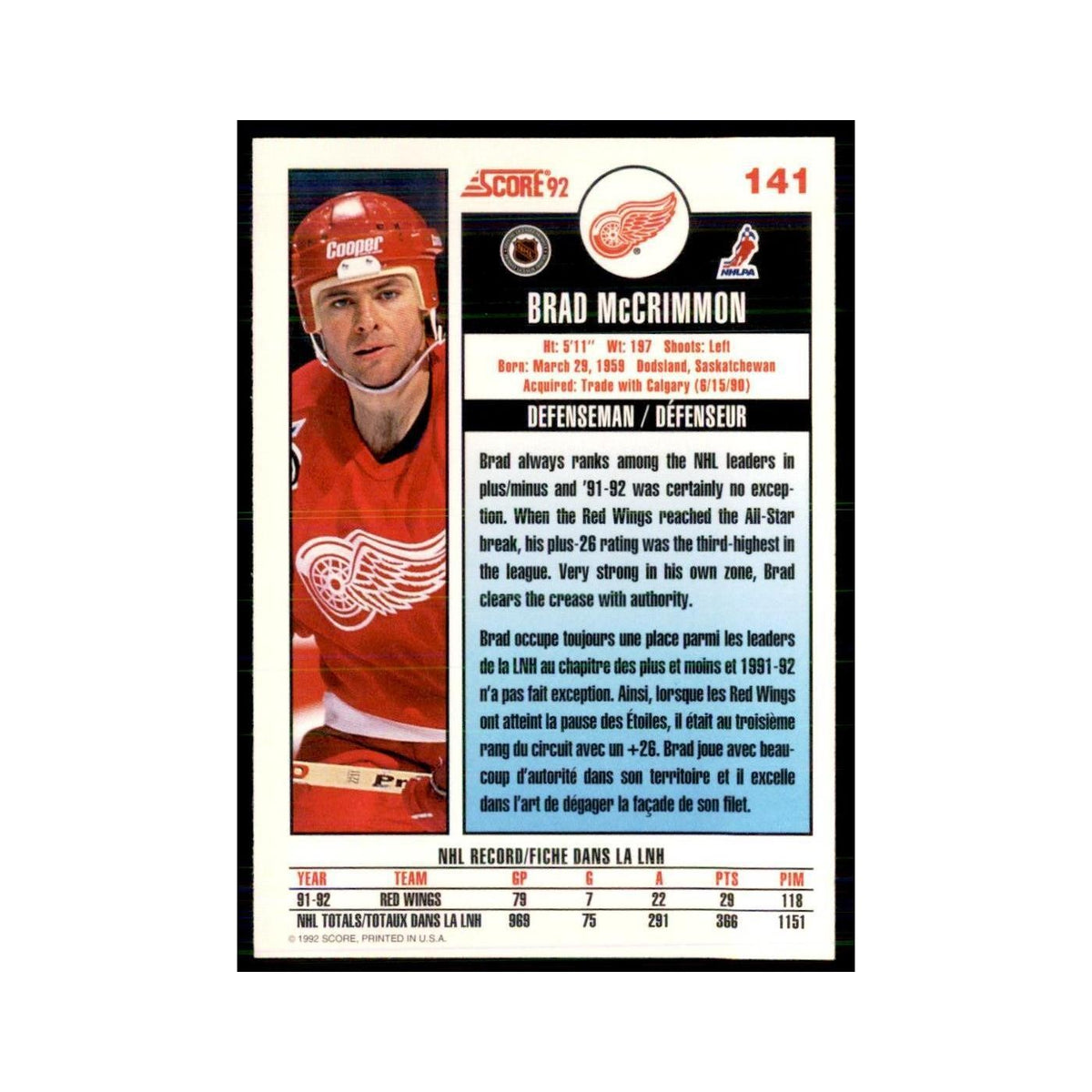 1992 Score Canadian Brad McCrimmon Detroit Red Wings #141