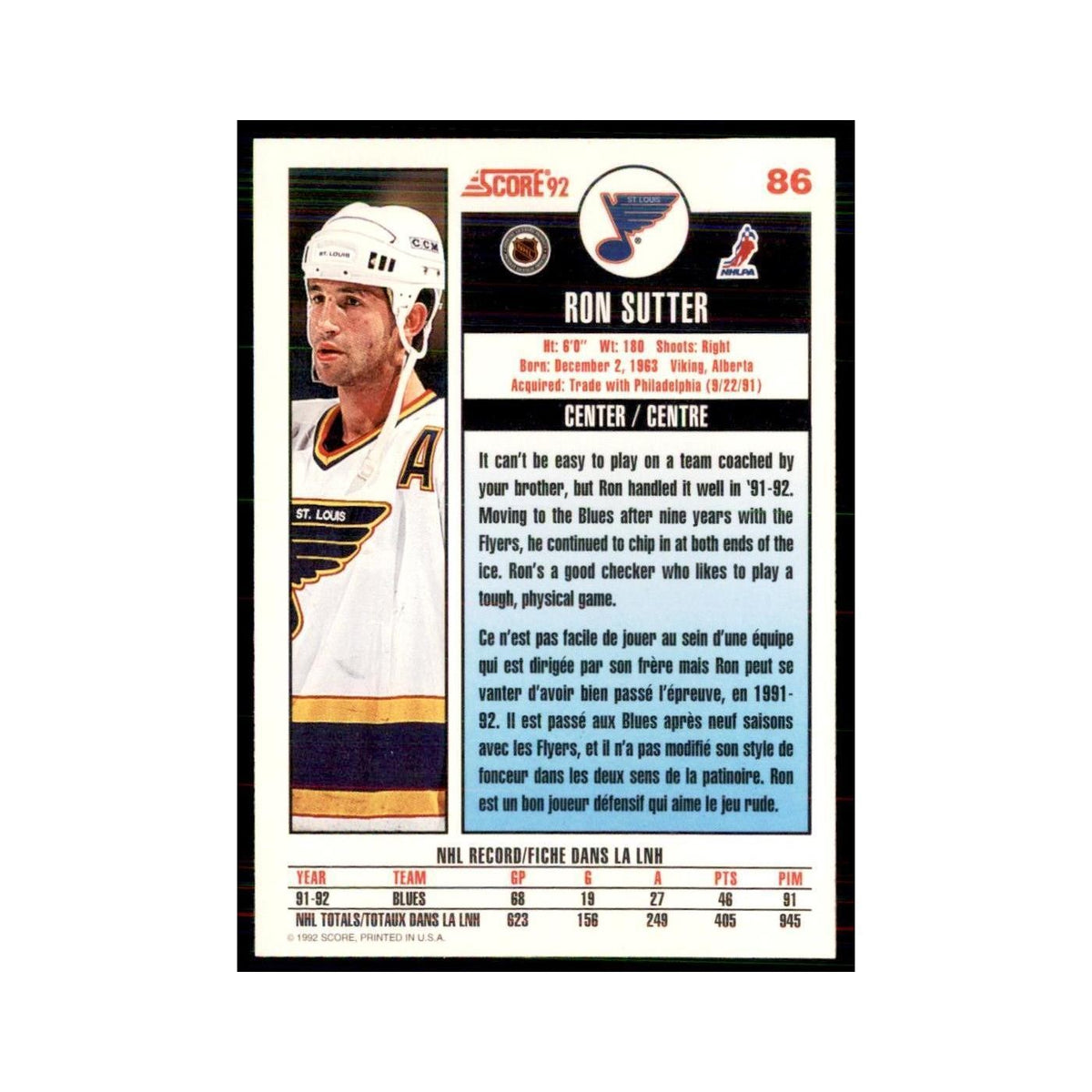 1992 Score Canadian Ron Sutter St. Louis Blues #86