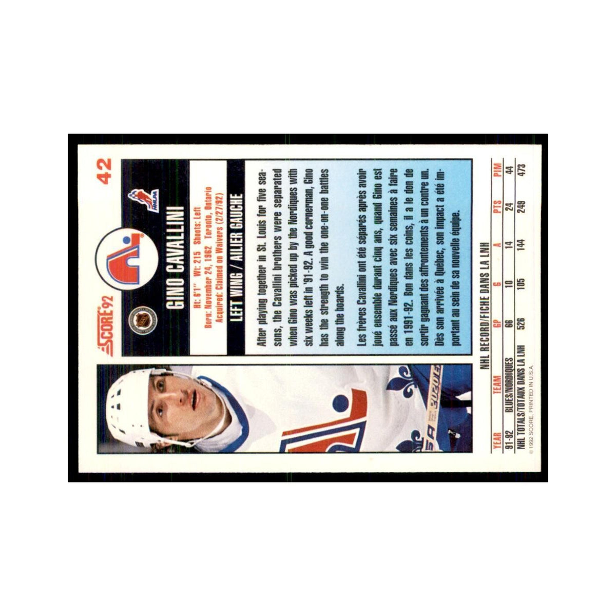 1992 Score Canadian Gino Cavallini Quebec Nordiques #42